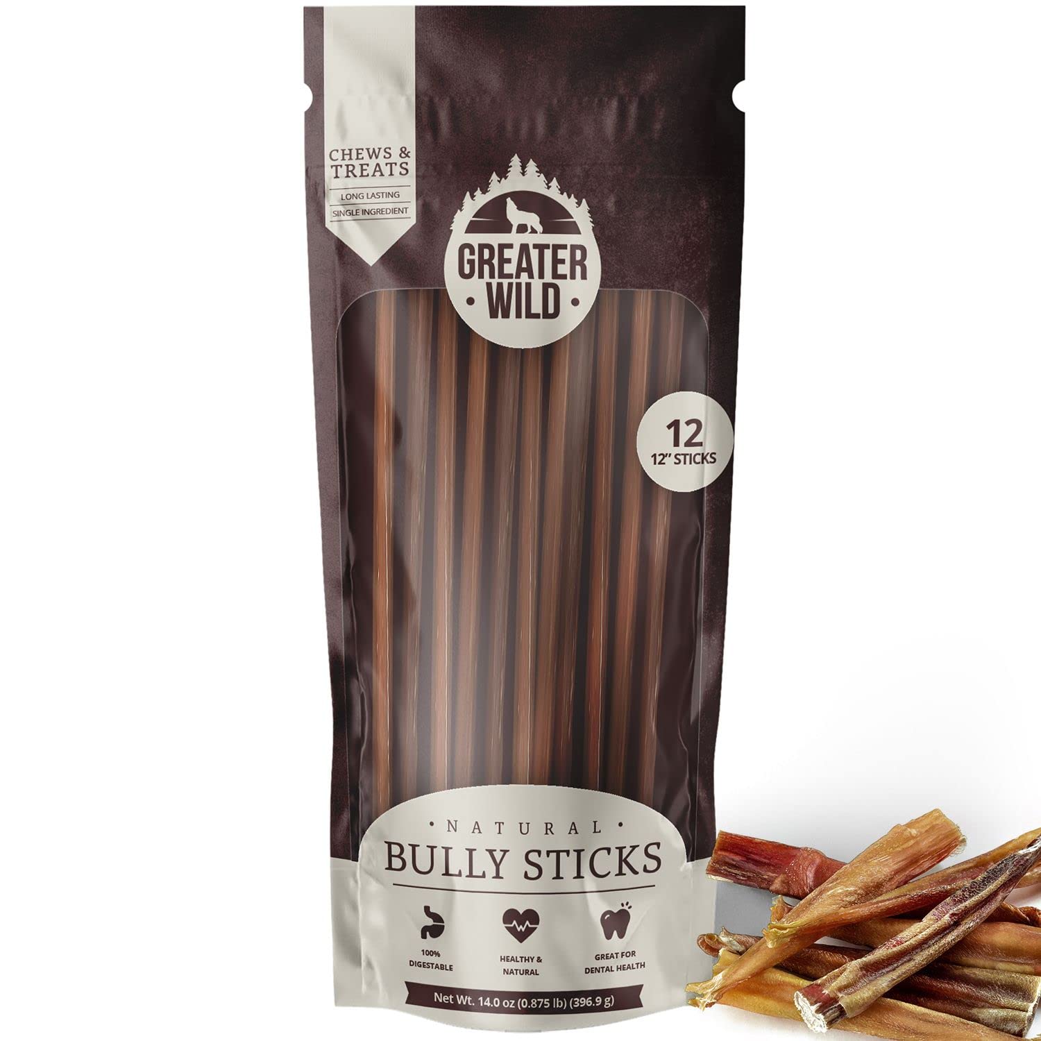 GREATER WILD 12 Inch Bully Sticks Dog Treats, 12 Pack, Standard Thickness - Single Ingredient 100% All Natural Beef, Long Lasting Dog Chews