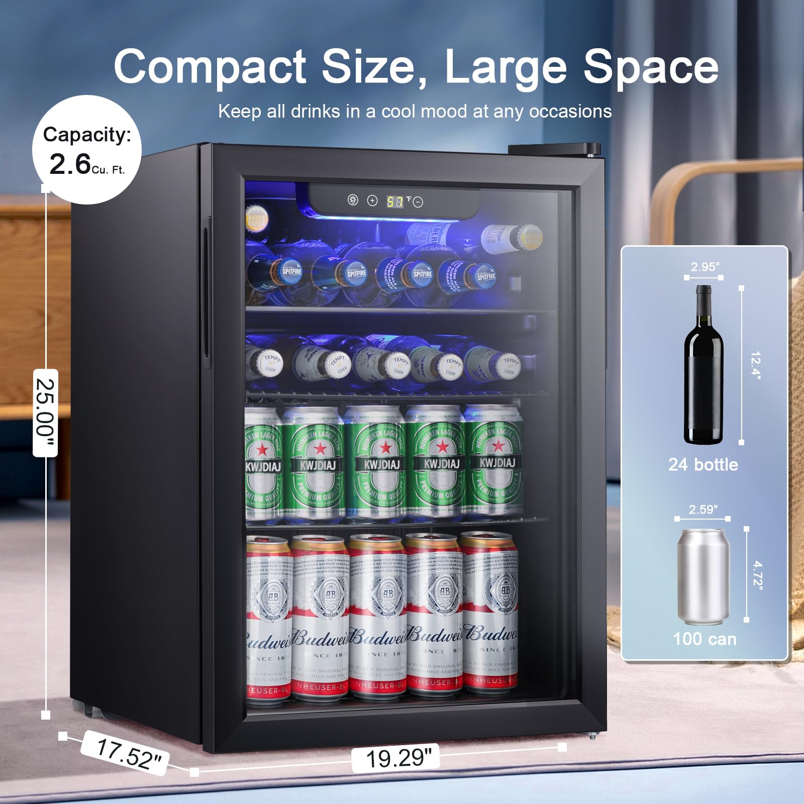 Antarctic Star 2.6cu.ft Mini Fridge 100 Can Beverage Refrigerator Wine Cooler/Cabinet Small Beer Soda Glass Door Counter Top Bar Fridge Freestanding Black