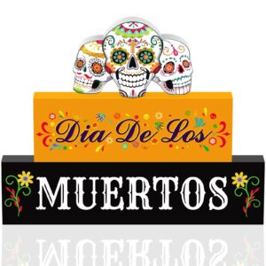 3 pieces day of the dead decorations dia de los muertos wooden blocks sugar skull wooden sign day of the dead table centerpiece decor for mexican day of the dead decor and halloween home decorations