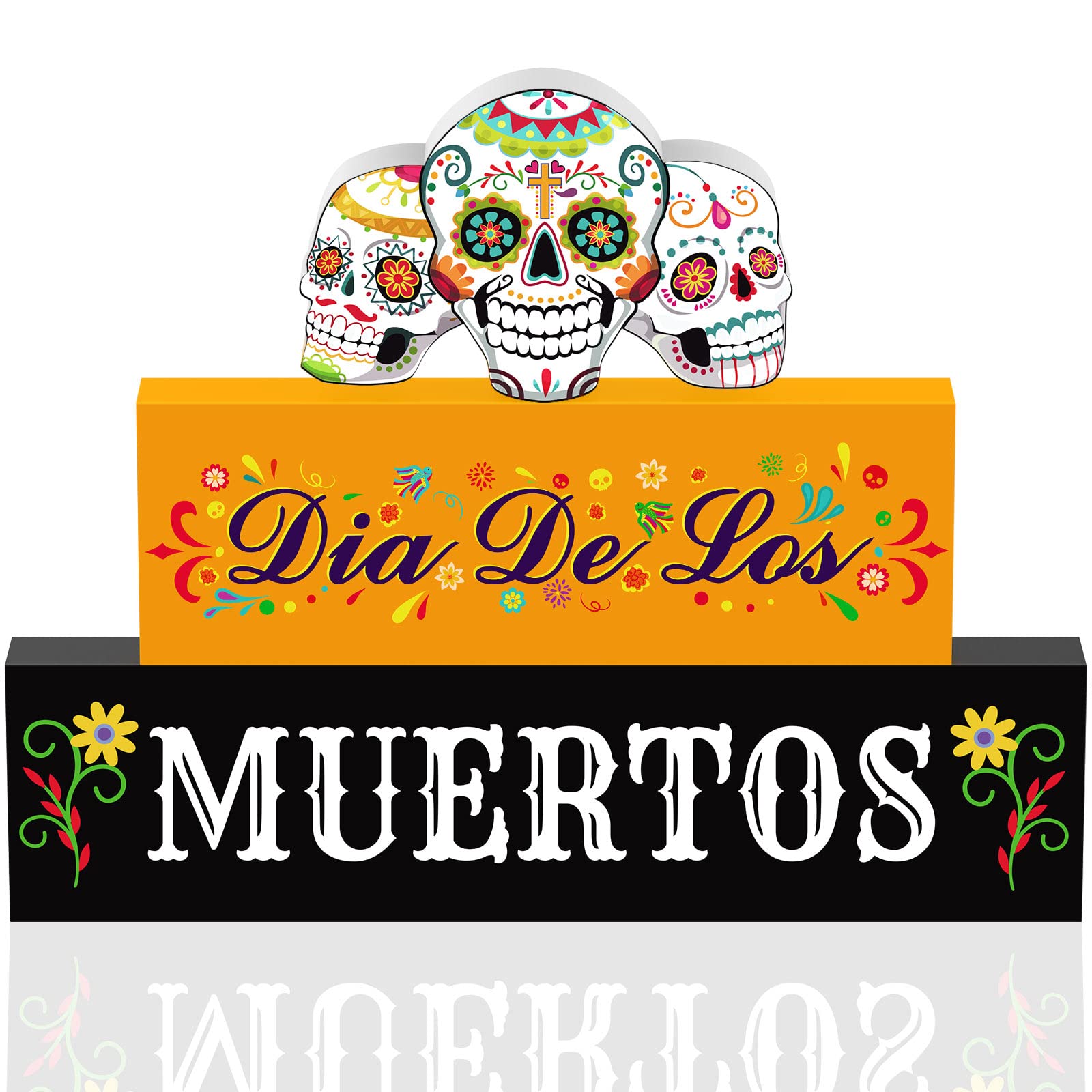 3 Pieces Day of The Dead Decorations Dia De Los Muertos Wooden Blocks Sugar Skull Wooden Sign Day of The Dead Table Centerpiece Decor for Mexican Day of The Dead Decor and Halloween Home Decorations