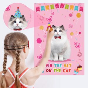 Pin The Hat On The Cat Party Game Cat Birthday Party Games for Kids, Cat Birthday Party Supplies Decorations for Girls Boys, Large Cat Poster with 54 Hat Stickers