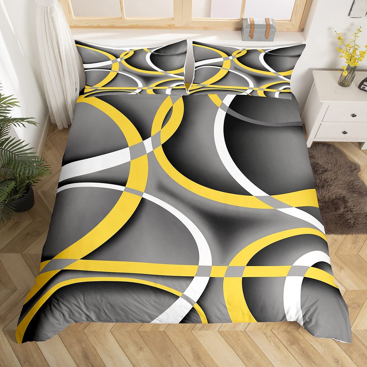 Gray Black Yellow Swirls Bedding Set,Retro Circle Stripes Duvet Cover for Kids Teen Boys Girls,Modern Abstract Comforter Cover Decorative Room,Modern Simple Quilt Cover with 2 Pillowcases,King Size