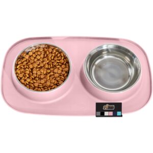 gorilla grip 100% waterproof bpa free cat and dog bowls silicone feeding mat set, stainless steel bowl slip resistant raised edges, catch water, food mess, no spills, pet accessories, 2 cup, pink