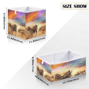 Oyihfvs Zebra Group in Desert On Sunset Colorful Sky Square Collapsible Open Storage Bins, Foldable Toy Nursery Basket Bin Cloth Cube Organizer with Handles for Shelves Closet