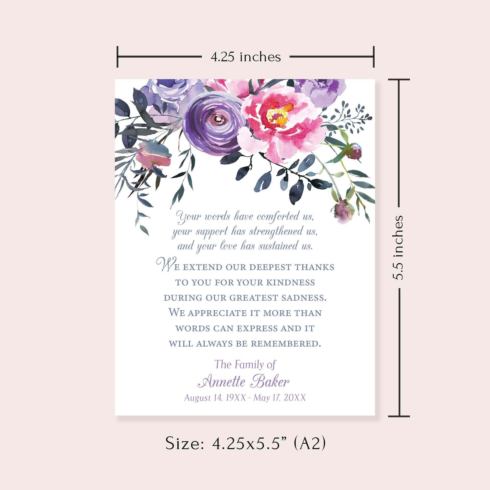 Hello Love Goods Pink and Purple Floral Funeral Thank You Cards, Sympathy Acknowledgement Cards, 4.25x5.5 Flat Bereavement Notecards with Envelopes