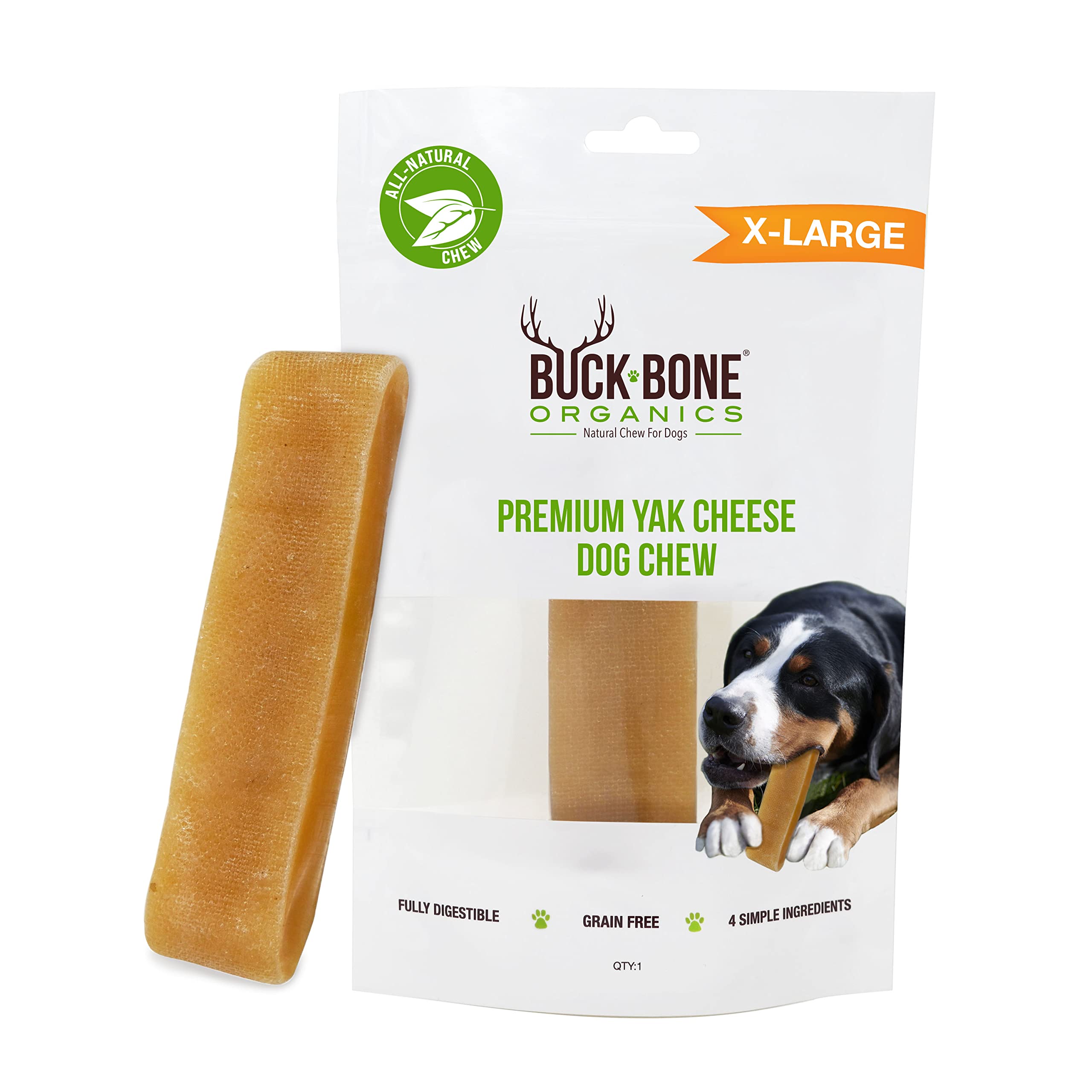 Buck Bone Organics Yak Cheese Chews for Dogs, All Natural Himalayan Yak Chew, Long Lasting Pet Treats, Odor Free, with Limited Ingredients (1 Ex Large Stick)