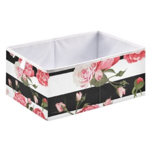 Oyihfvs Floral Peony and Roses Flowers On Black White Stripes Rectangular Collapsible Open Storage Bins, Foldable Toy Nursery Basket Bin Cloth Cube Organizer with Handles for Shelves Closet