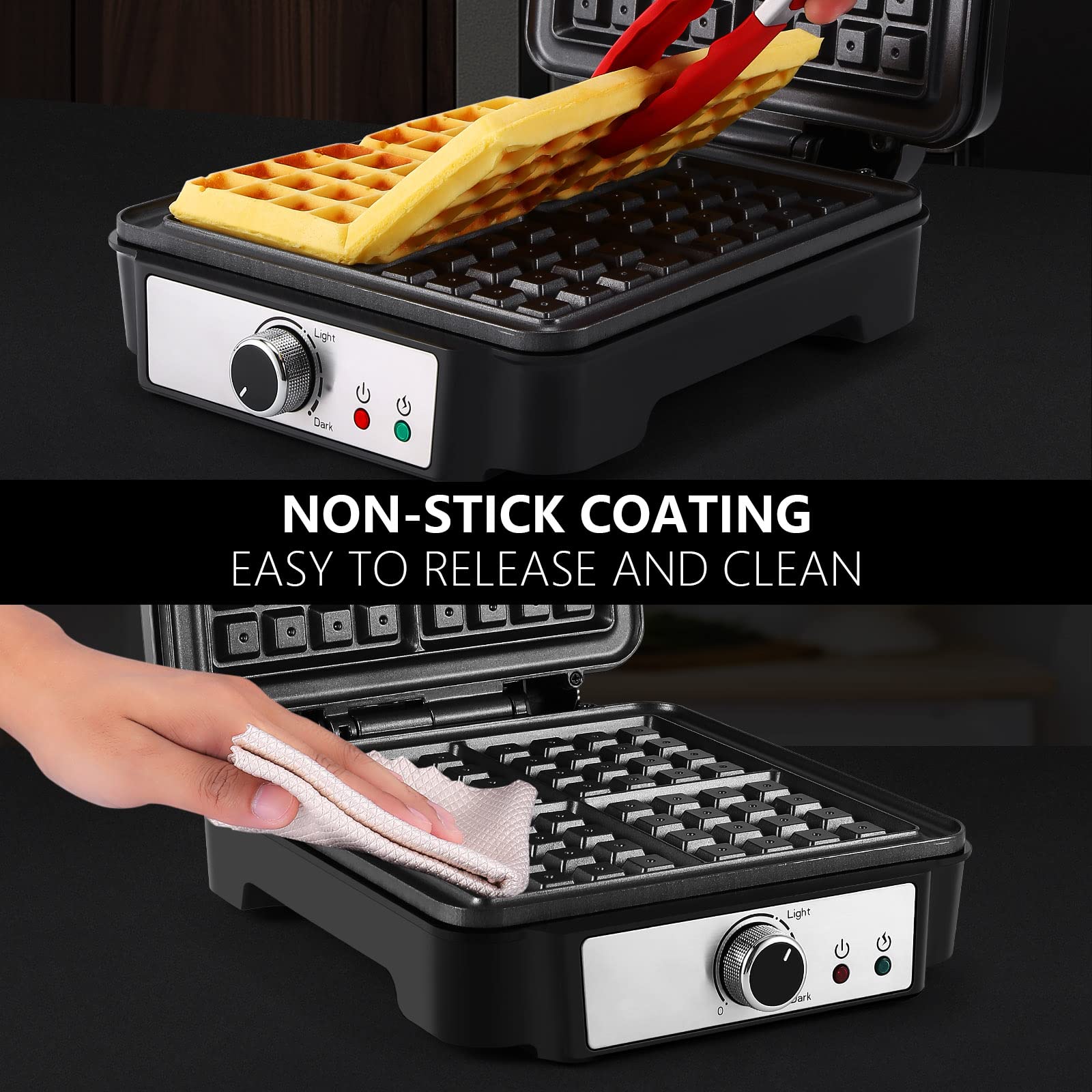 MONXOOK Belgian Waffle Maker, 4-Slice Non-Stick Square Waffle Maker, Anti-Overflow Waffle Iron with Browning Knob, Indicator Lights, Compact Design, Recipes Included, 1200W, Silver/Black