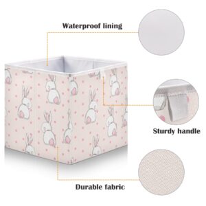 Oyihfvs Hand Drawn White Rabbits Back with Pink Tail on Pink Polka Dots Square Foldable Cube Storage Basket Collapsible Fabric with Handles Bag Organizer Clothes for Home Bedroom 11 x 11 x 11 in