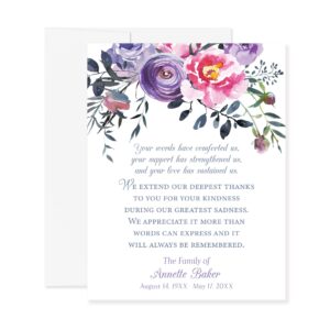 hello love goods pink and purple floral funeral thank you cards, sympathy acknowledgement cards, 4.25x5.5 flat bereavement notecards with envelopes