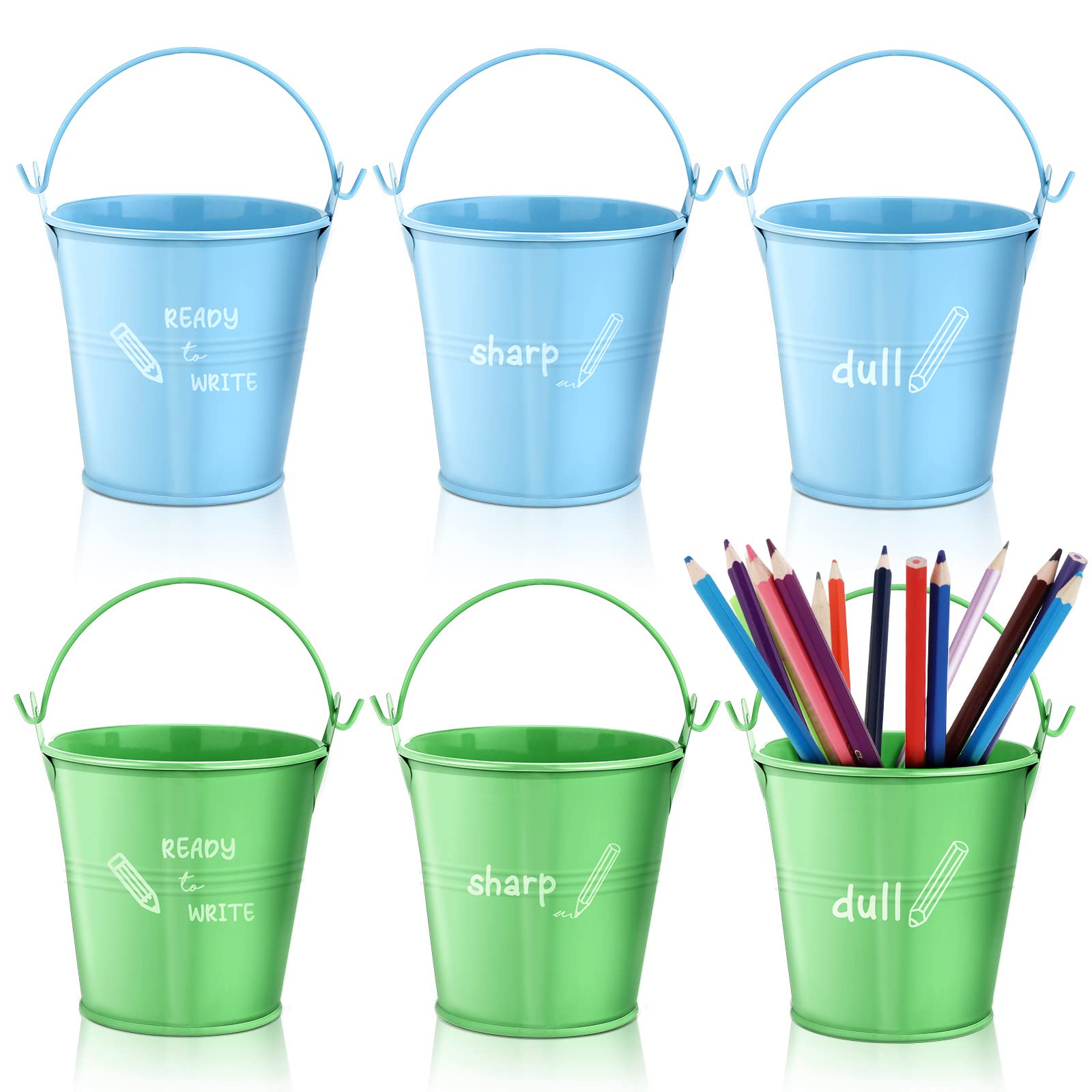 WILLBOND 6 Pack Mini Metal Buckets with Handles Small Pails Pencil Buckets Colored Galvanized Bucket for Kids Classroom Crafts Crayons Storage Party Favors, 2.95 Inch High