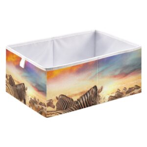 Oyihfvs Zebra Group in Desert On Sunset Colorful Sky Square Collapsible Open Storage Bins, Foldable Toy Nursery Basket Bin Cloth Cube Organizer with Handles for Shelves Closet