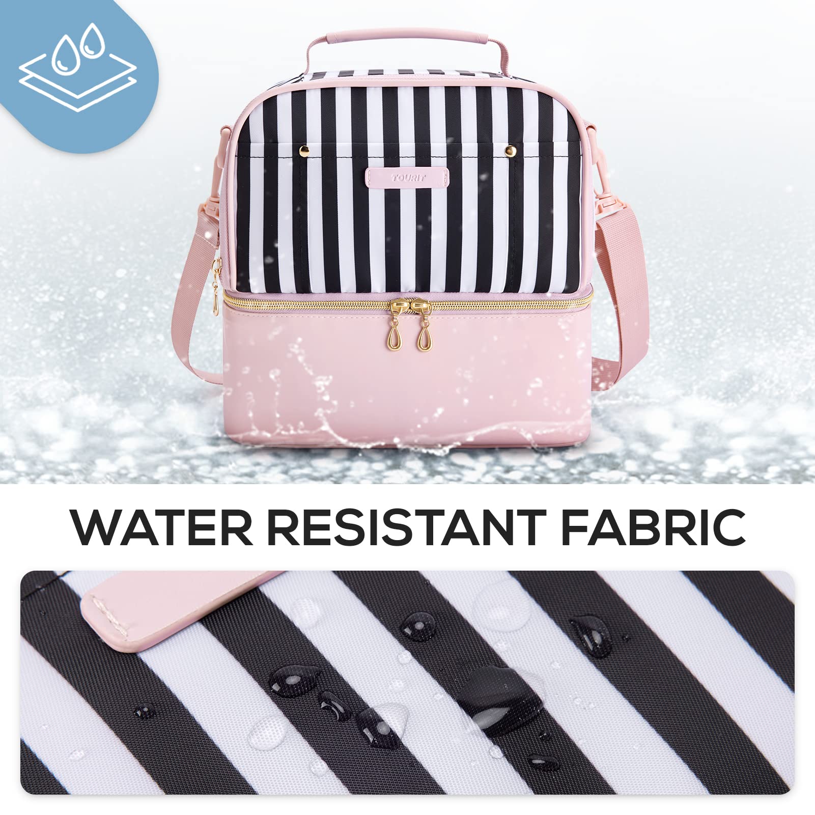 TOURIT Lunch Bag Women Double Deck Lunch Box Insulated Lunch Cooler for Women Men Work, Pink Stripes