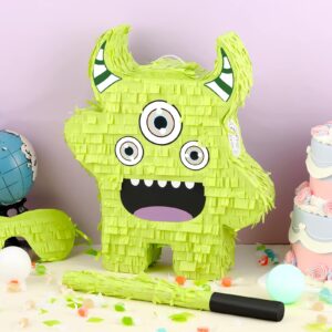 Halloween Piñata Set with Blindfold Piñata Stick and Confetti Funny Party Favors Green Devil Shape Bash Piñata for Kids Halloween Birthday Party Decoration Supplies, Baby Shower, 15.75 x 9.06 Inches