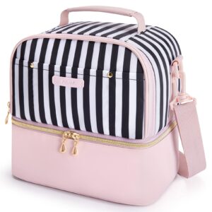 tourit lunch bag women double deck lunch box insulated lunch cooler for women men work, pink stripes