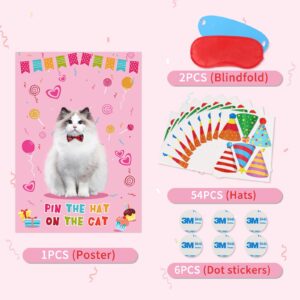 Pin The Hat On The Cat Party Game Cat Birthday Party Games for Kids, Cat Birthday Party Supplies Decorations for Girls Boys, Large Cat Poster with 54 Hat Stickers