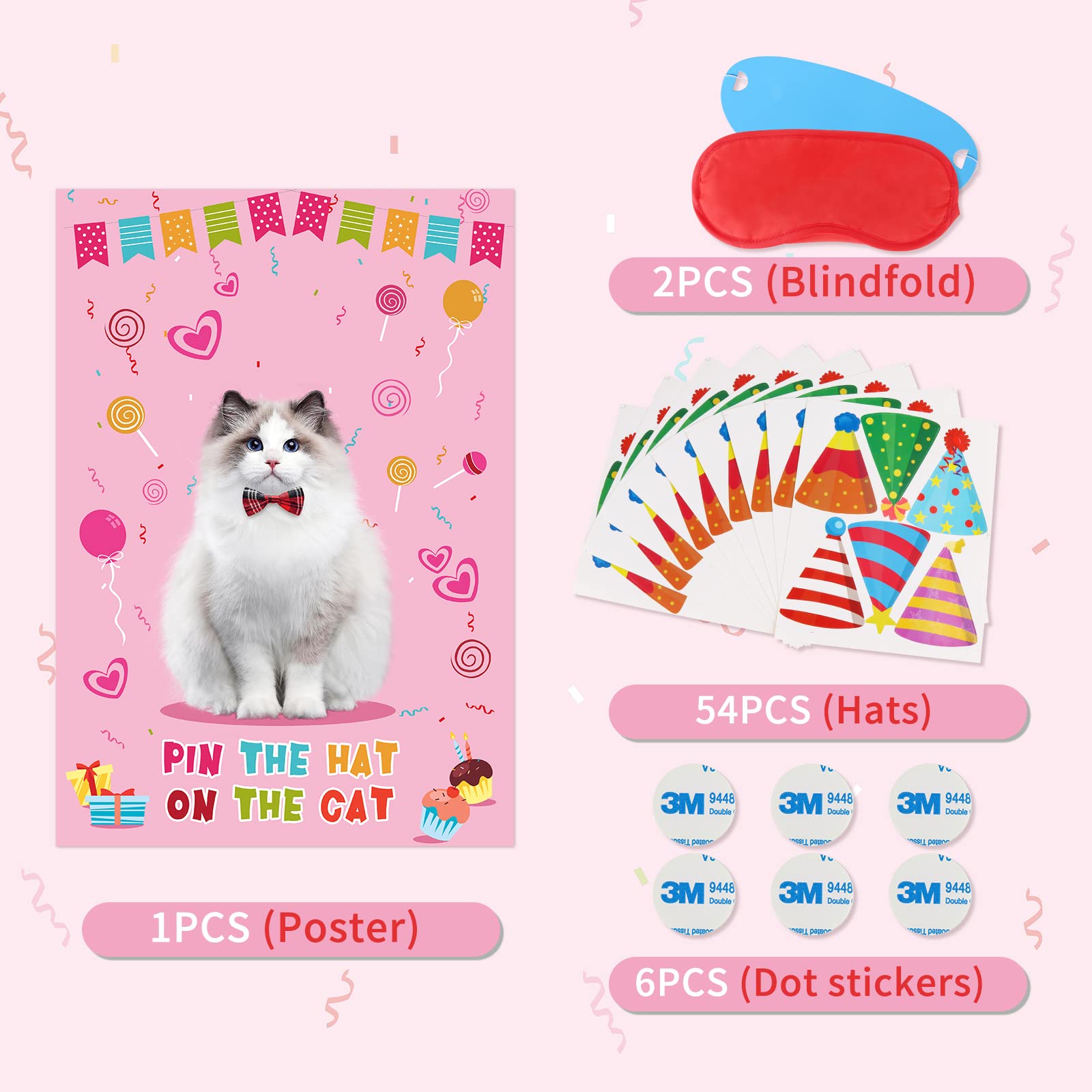 Pin The Hat On The Cat Party Game Cat Birthday Party Games for Kids, Cat Birthday Party Supplies Decorations for Girls Boys, Large Cat Poster with 54 Hat Stickers