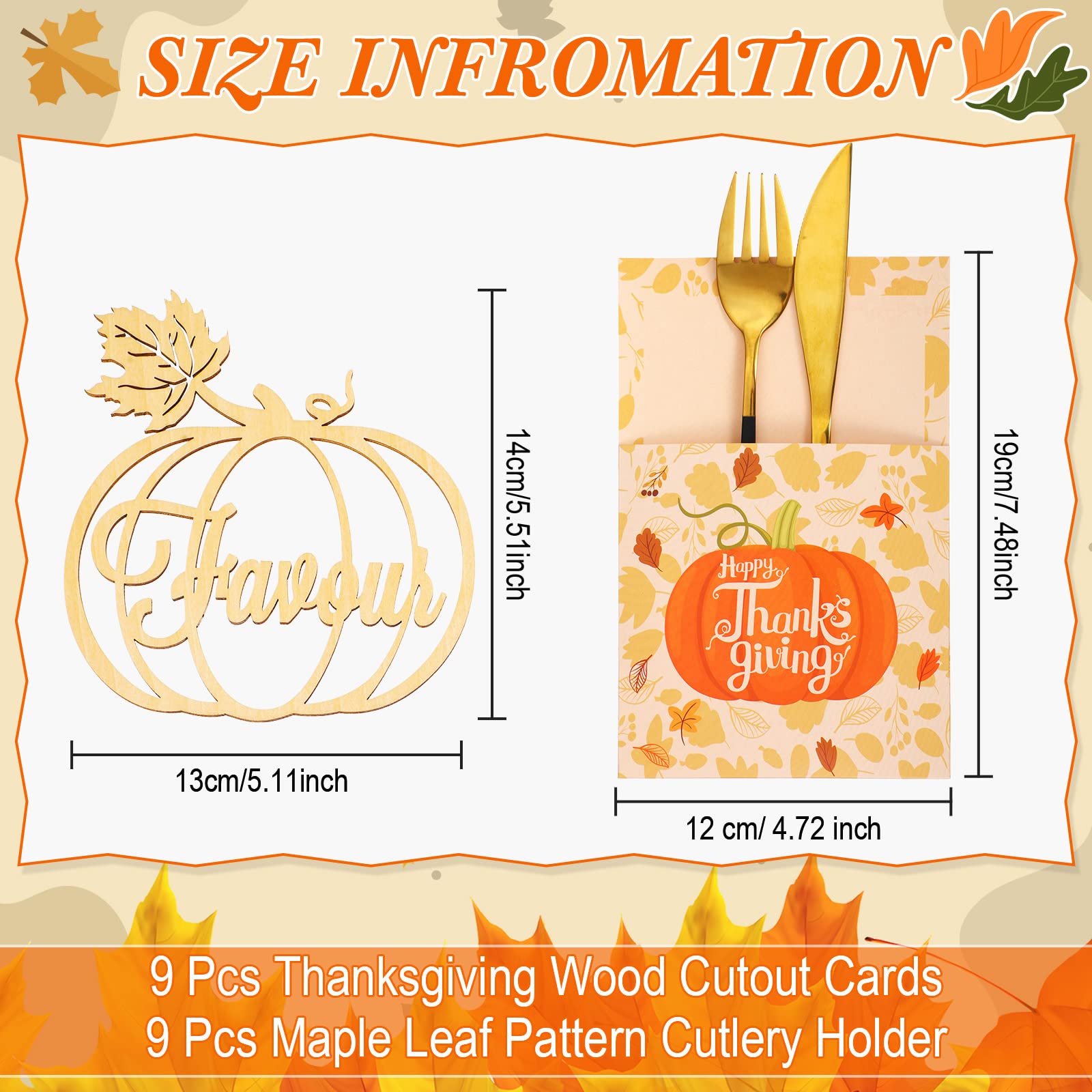 18 Set Thanksgiving Plate Decor 9 Fall Thankful Cutlery Utensil Holders with 9 Maple Pumpkin Turkey Wood Place Cutouts Sign Gold Grateful Blessed Gather Autumn Table Plate Sign (Maple,Pumpkin)