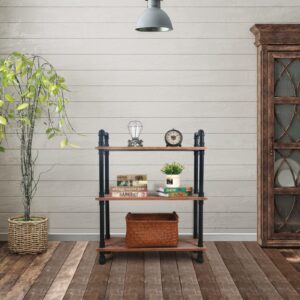 HouseAid 3 Tier Industrial Pipe Etagere Bookcase, Rustic Farmhouse Standing Shelf, Real Pine Wood Open Shelves for Living Room, Bathroom and Kitchen, Wall Mounted, Matte Black (39.4”×31.5”×11.8”)