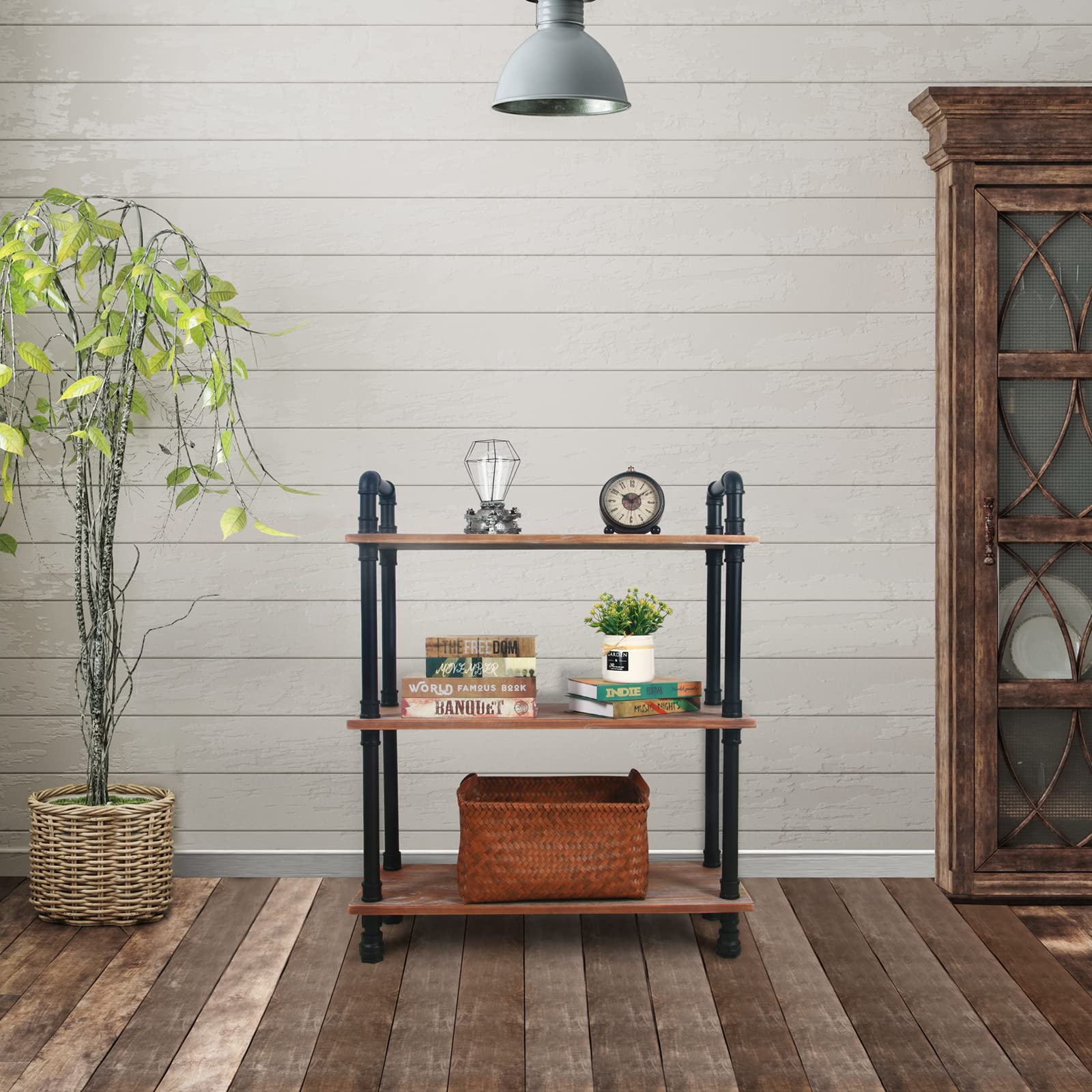 HouseAid 3 Tier Industrial Pipe Etagere Bookcase, Rustic Farmhouse Standing Shelf, Real Pine Wood Open Shelves for Living Room, Bathroom and Kitchen, Wall Mounted, Matte Black (39.4”×31.5”×11.8”)