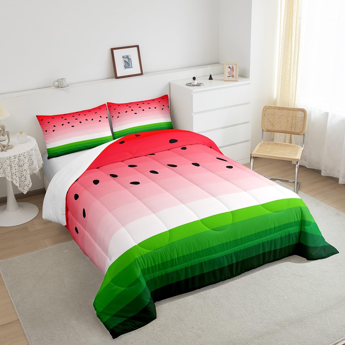 Feelyou Watermelon Comforter Set with Pillow Case Tropical Fruit Print Bedding Set Girls Women Twin Size Comforter Red Watermelon Soft Comforter Set Machine Washable Boys