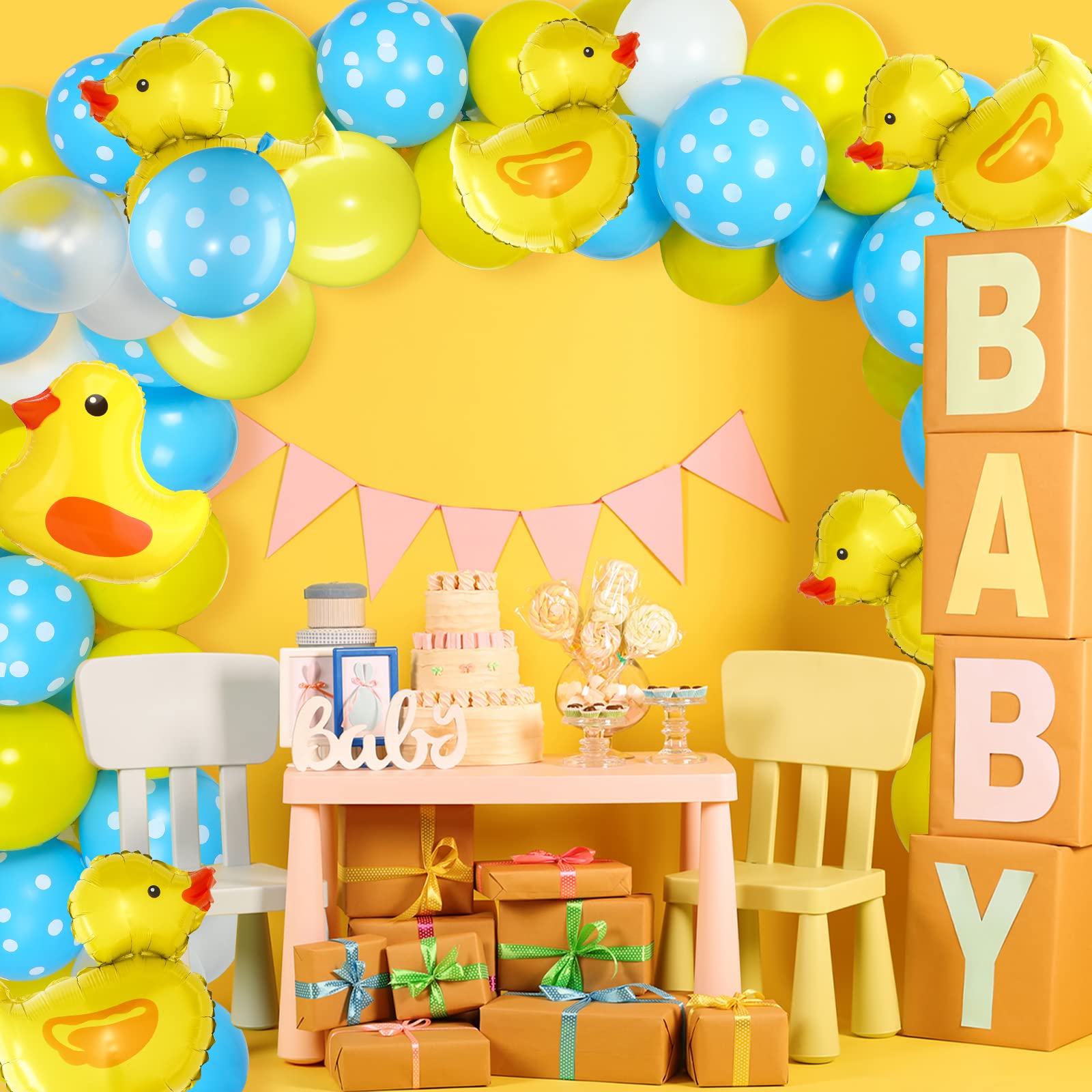 HyDren 113 Pcs Yellow Duck Balloon Arch Garland Kit 12 10 5 Inch Blue Yellow White Latex Balloons Mini Yellow Duck Foil Balloons for Baby Shower Decorations Rubber Duck Themed Birthday Party Supplies