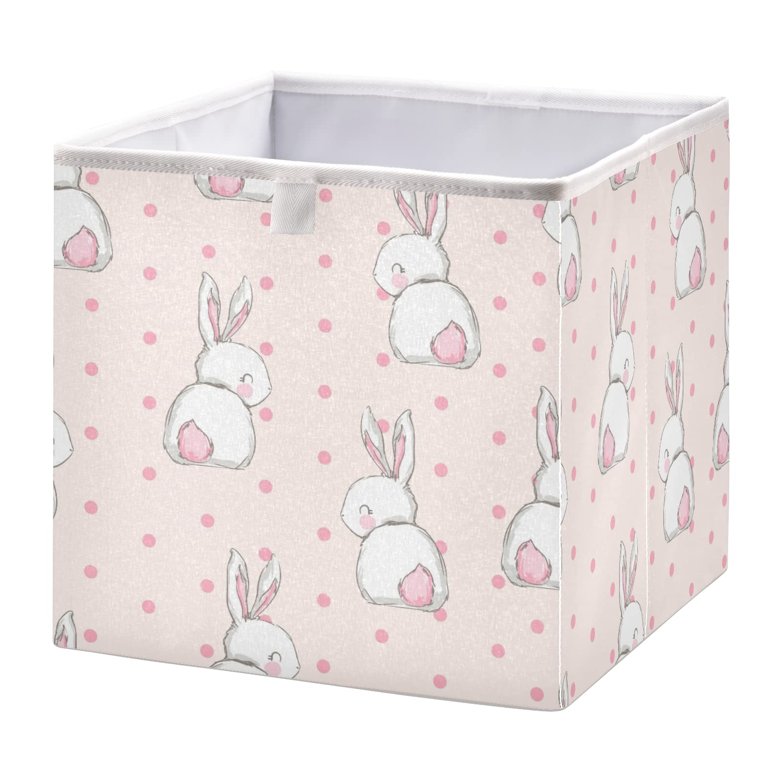 Oyihfvs Hand Drawn White Rabbits Back with Pink Tail on Pink Polka Dots Square Foldable Cube Storage Basket Collapsible Fabric with Handles Bag Organizer Clothes for Home Bedroom 11 x 11 x 11 in