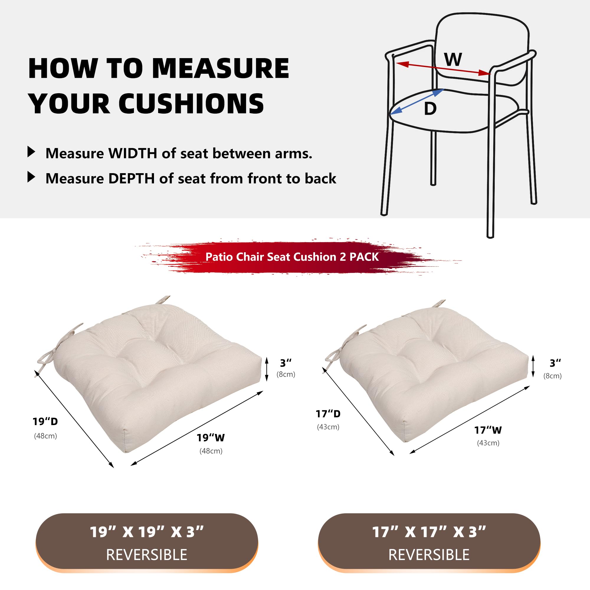 RACE LEAF Outdoor Cushions 17" x 17" Patio Chair Seat Pads, Set of 2 Thick Fill Tufted Square Patio Cushions, Water-Resistant Olefin Chair Seat Cushion with Ties for Non-Slip Support, Beige