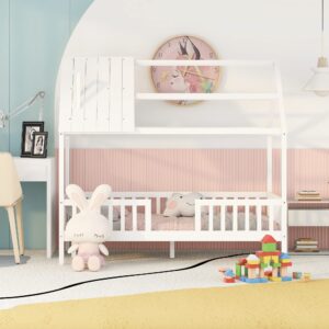 House Bed with Rails and Roof Kids Montessori Beds Wood Cabin Playhouse Bed Frame for Toddlers Girls Boys Teens, Twin Size, White