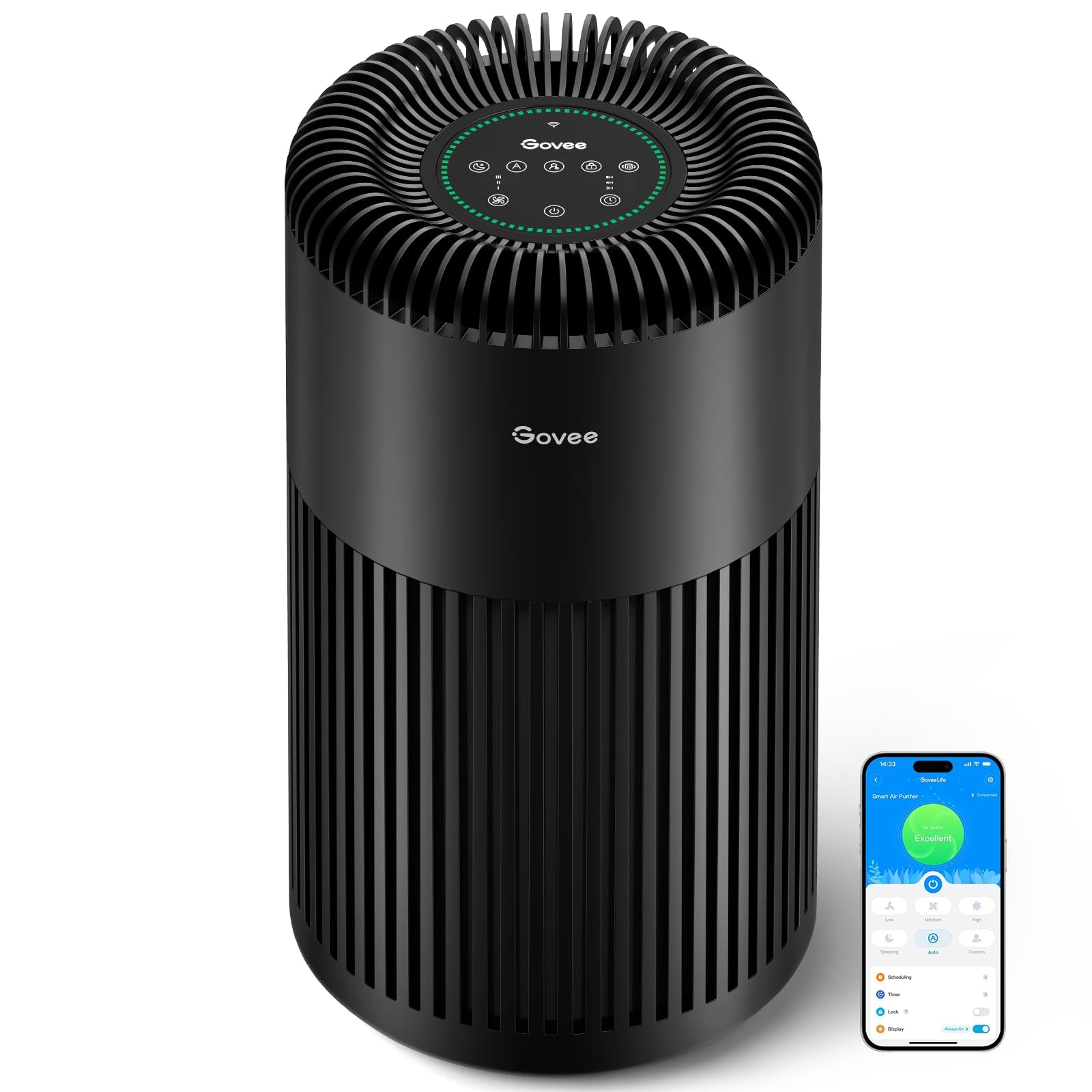 Govee Air Purifiers for Home Large Room Up to 1524 Sq.Ft, WiFi Smart Air Purifier with PM2.5 Monitor for Wildfire, H13 True HEPA Air Purifier for 99.97% Smoke, Pet Hair, Odors, 24dB Large Air Purifier