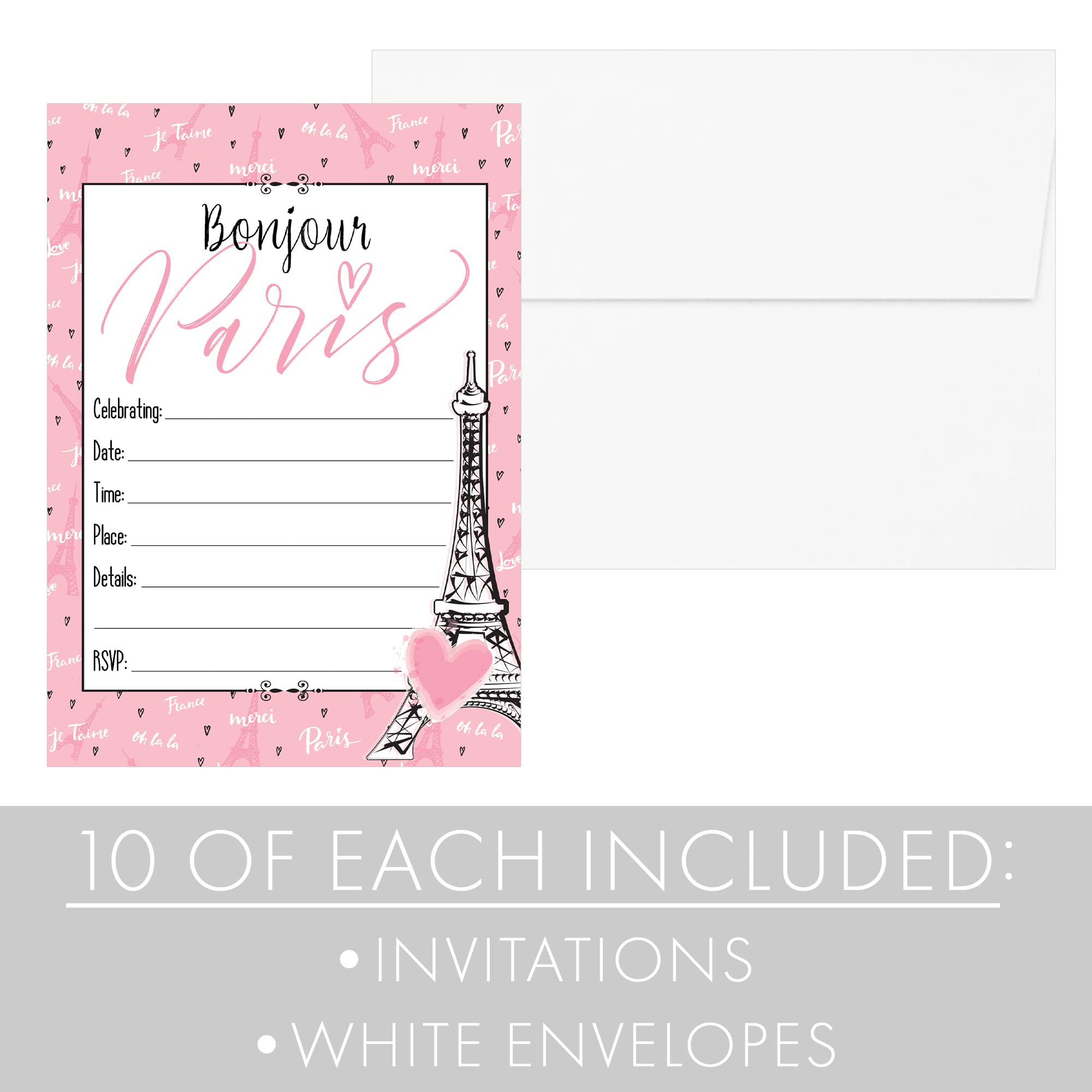 DISTINCTIVS Pink Paris Birthday Party Invitations - French Parisian Party Theme - 10 Cards with Envelopes