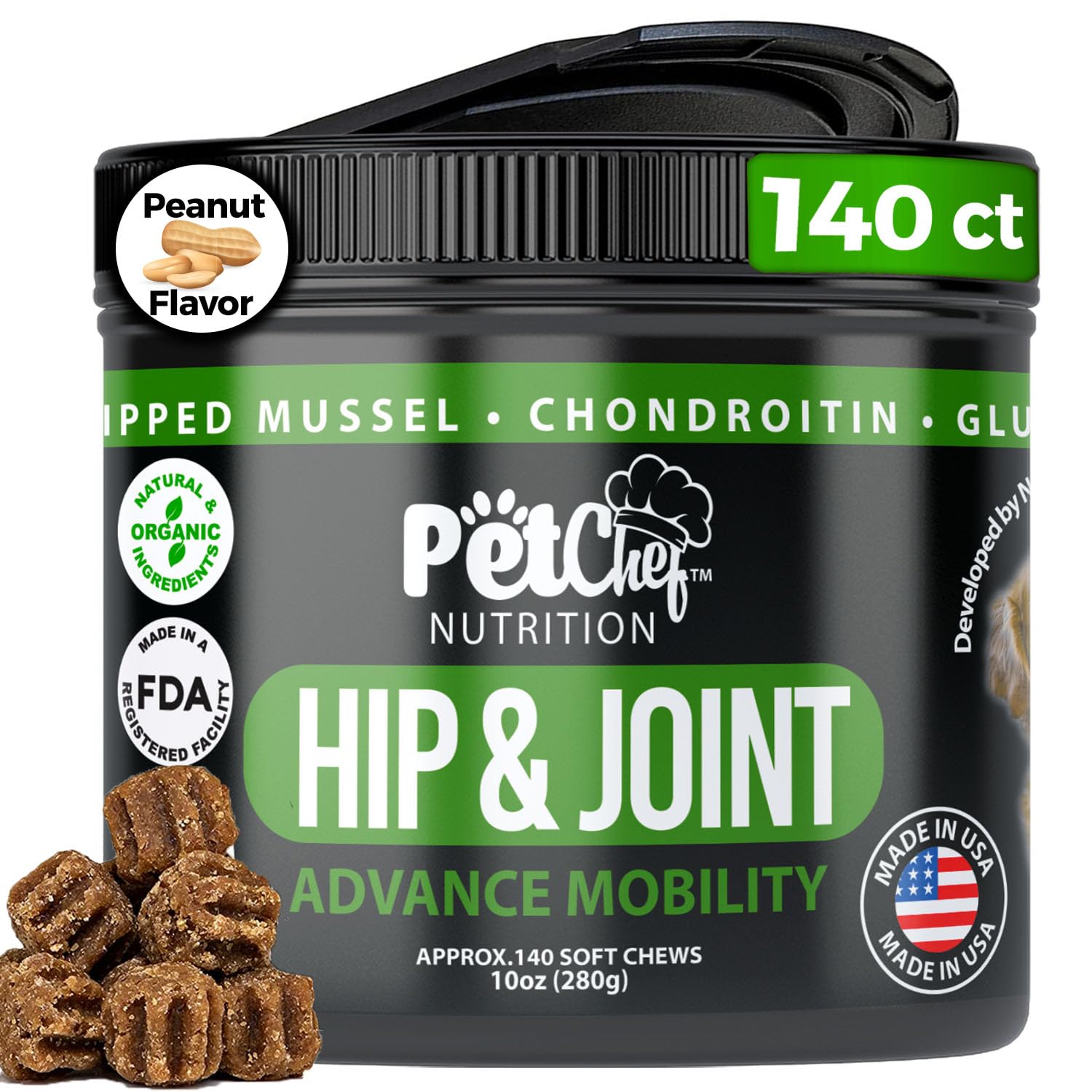 Pet Chef Advanced Dog Hip & Joint Supplement Treat - Glucosamine, Chondroitin & Turmeric MSM Breeds-Reduce Pain, Inflammation & Arthritis. Super Dog Hip & Joint Treat. Renews All Dogs.