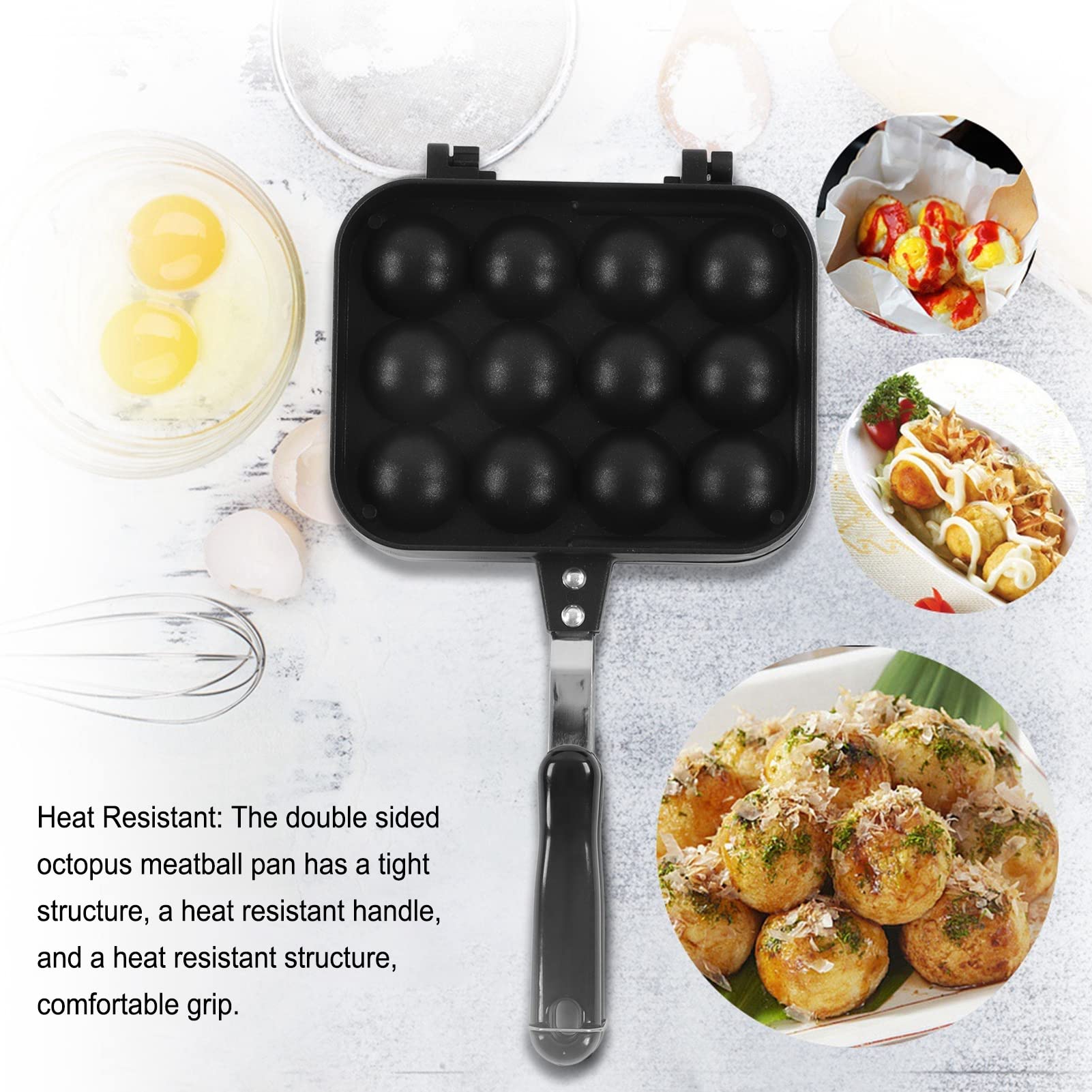 FOUF Takoyaki Grill Pan, 12 Holes Cast Iron Pan and Takoyaki Maker, Mini Pancake Mold, Cake Pop Pan Easy and Simple to Operate Electric Machine to Make Japanese Takoyaki Octopus Ball, Black