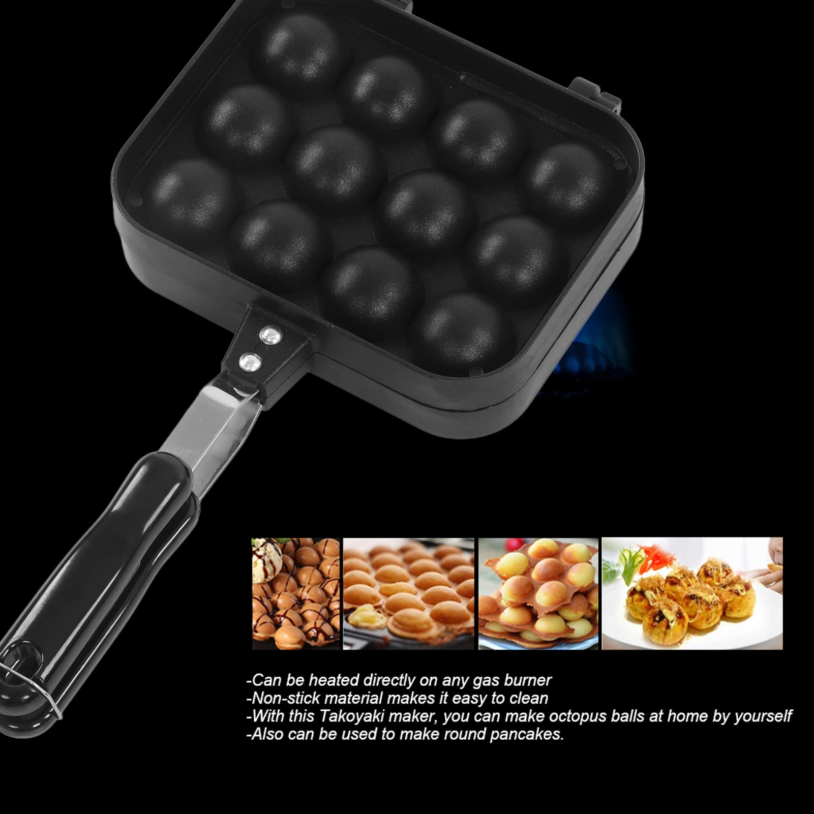 FOUF Takoyaki Grill Pan, 12 Holes Cast Iron Pan and Takoyaki Maker, Mini Pancake Mold, Cake Pop Pan Easy and Simple to Operate Electric Machine to Make Japanese Takoyaki Octopus Ball, Black