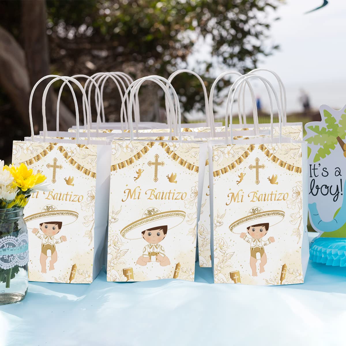 Mi Bautizo Decoration-Gold Mi Bautizo Bags First Communion Favor Bags for Boy God Bless,Baptism Party Decoration, Christening Religious Party Favor Bags Supplies with Handles Thank You Gift Bags