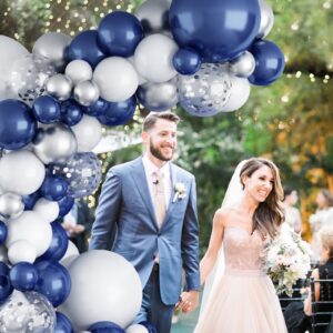 144PCS Navy Blue Silver Balloons Garland Kit, 18 12 10 5 inch Blue White Balloons and Silver Confetti Balloon Garland, Navy Silver White Balloons for Graduation Birthday Baby Shower Wedding Party