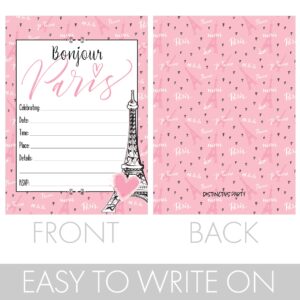 DISTINCTIVS Pink Paris Birthday Party Invitations - French Parisian Party Theme - 10 Cards with Envelopes