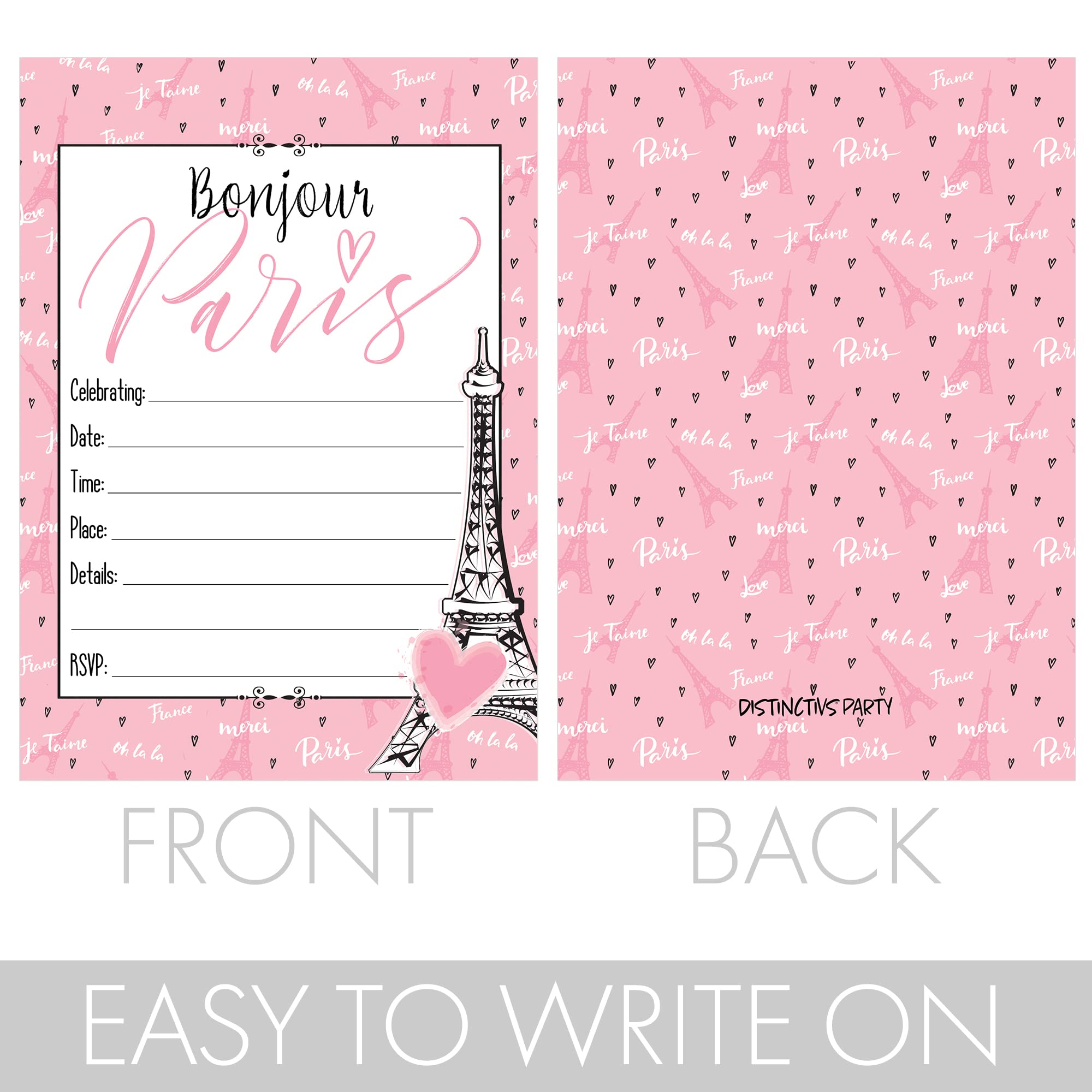 DISTINCTIVS Pink Paris Birthday Party Invitations - French Parisian Party Theme - 10 Cards with Envelopes