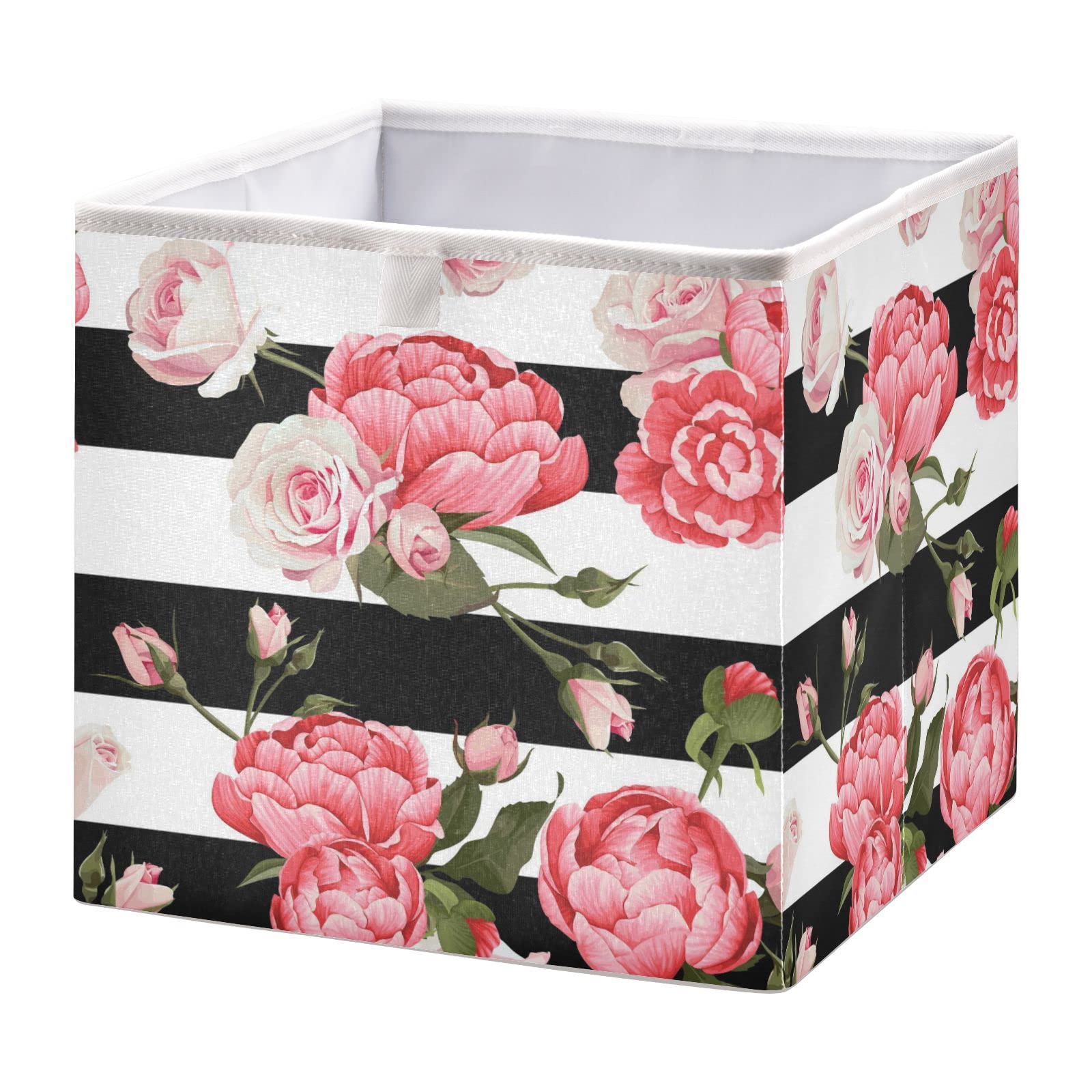 Oyihfvs Floral Peony and Roses Flowers On Black White Stripes Rectangular Collapsible Open Storage Bins, Foldable Toy Nursery Basket Bin Cloth Cube Organizer with Handles for Shelves Closet