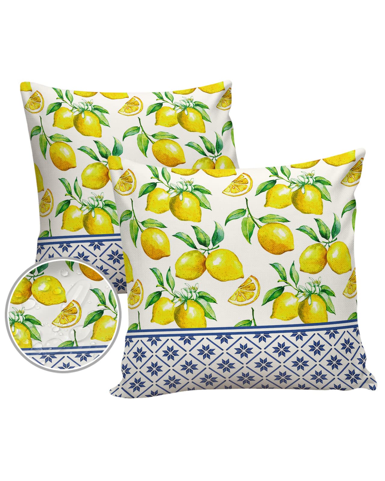 Throw Pillows for Couch Pack of 2 Waterproof Throw Pillow Covers 16x16 Inch, Outdoor Pillows Cushion Case for Bed Sofa Outdoor Furniture, Summer Lemon Texture Decorative Pillows Cover