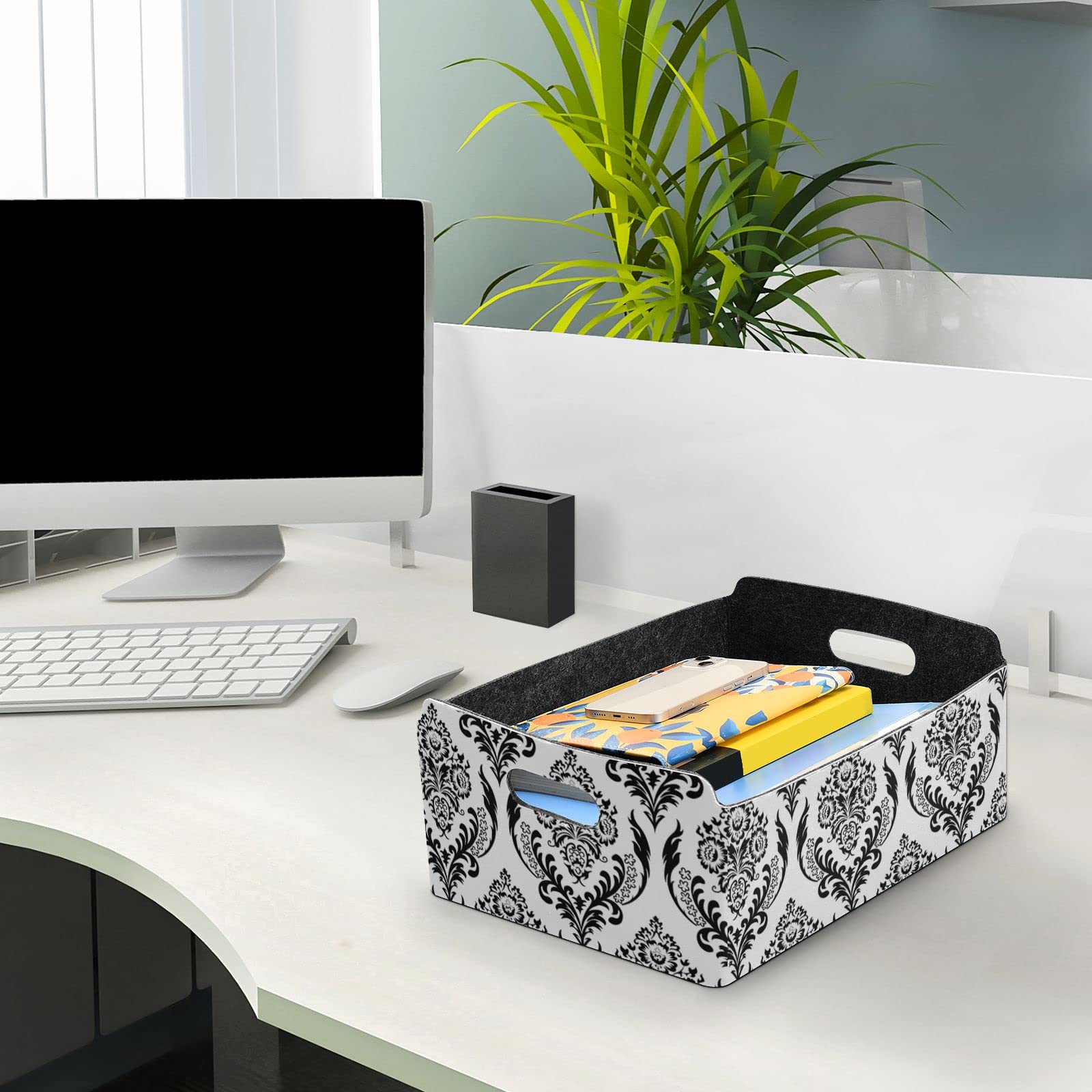 susiyo Seamless Black and White Damask Storage Basket Felt Storage Bin Small Foldable Organizer Bin for Office Closet