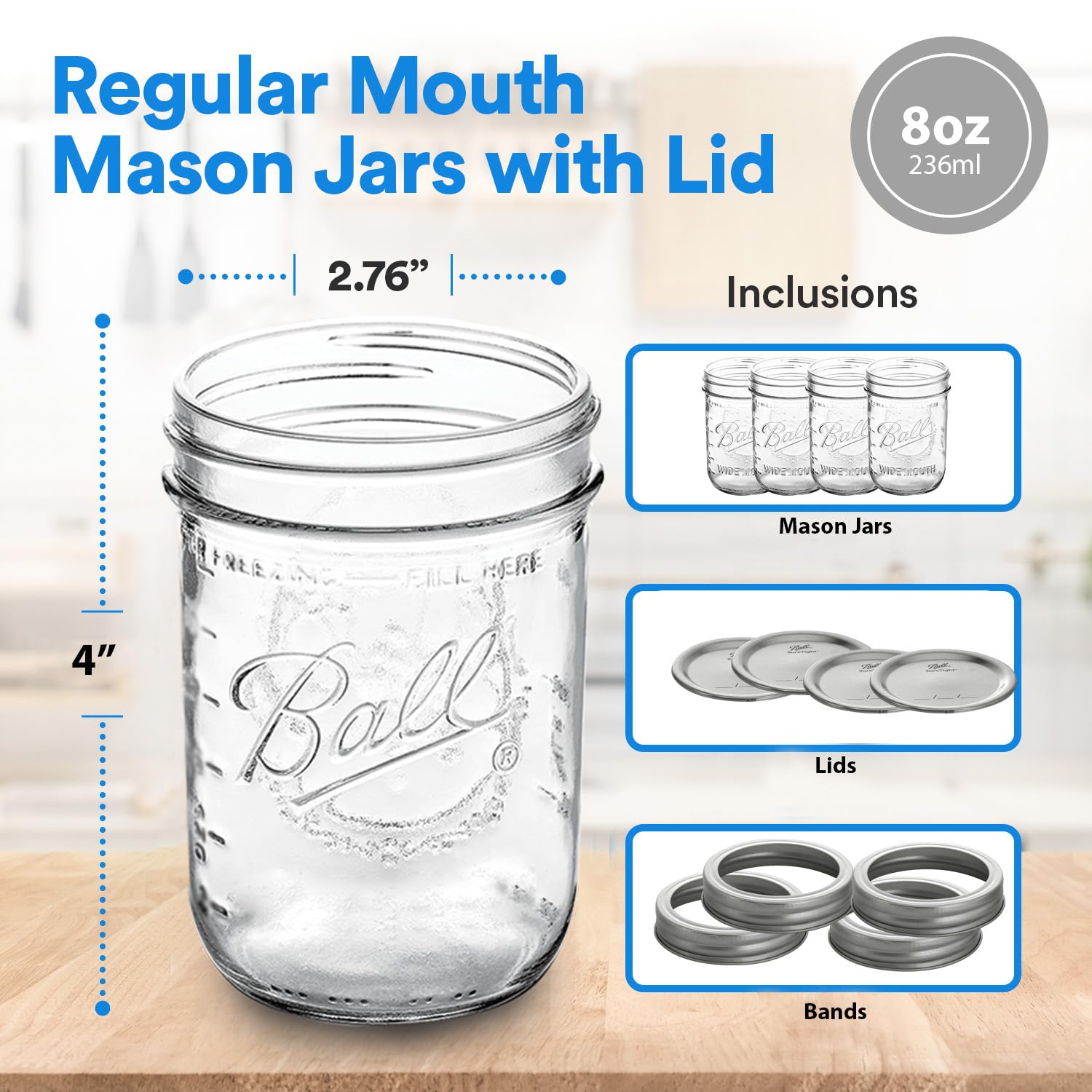 Regular Mouth Mason Jars 8 oz. (12 Pack) - Half Pint Size Jars with Airtight Lids and Bands for Canning, Fermenting, Pickling, or DIY Decors and Projects Bundled with Jar Opener