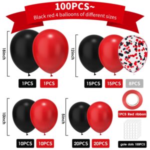 RHGBINLI Black Red Balloon Garland Arch Kit - 100Pcs Black Red Confetti Latex Party Balloons for for Bridal Shower Birthday Party Graduation Decorations