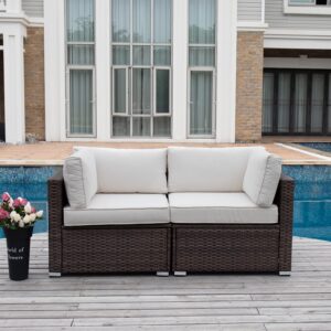 COSIEST 2-Piece Outdoor Furniture Loveseat Wicker Sectional Sofa Set w Off White Thick Cushions for Garden, Pool, Backyard