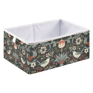 Oyihfvs William Morris Flowers Birds On Dark Rectangular Collapsible Open Storage Bins, Foldable Toy Nursery Basket Bin Cloth Cube Organizer with Handles for Shelves Closet