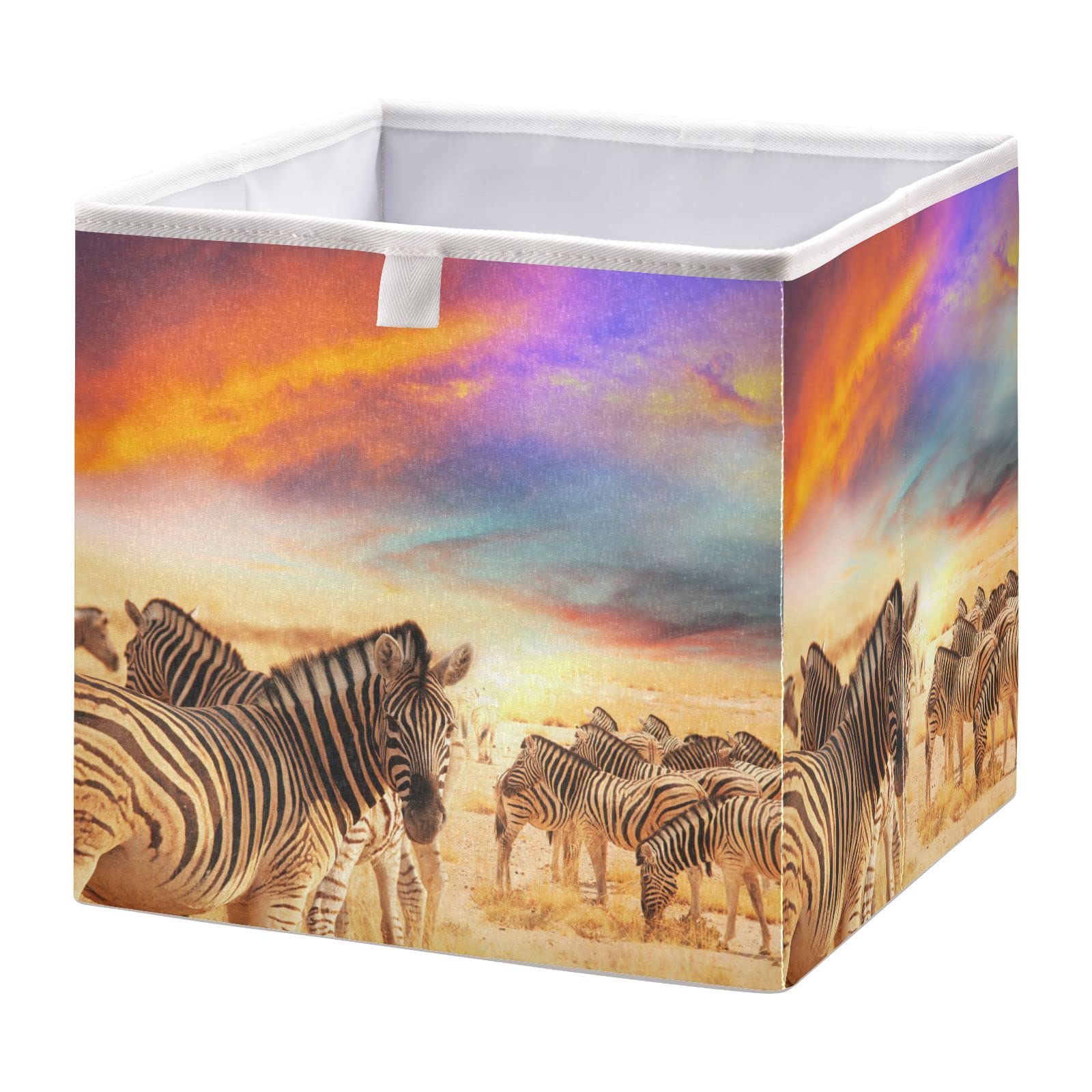 Oyihfvs Zebra Group in Desert On Sunset Colorful Sky Square Collapsible Open Storage Bins, Foldable Toy Nursery Basket Bin Cloth Cube Organizer with Handles for Shelves Closet