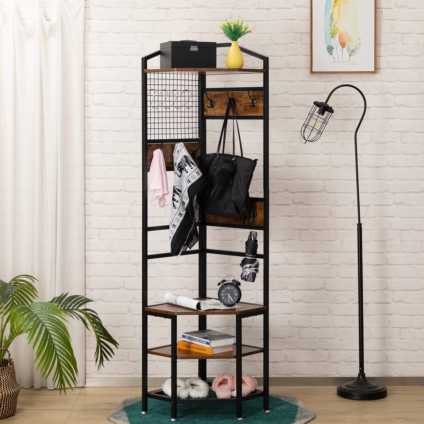 DOEWORKS 4-Tier Corner Industrial Hall Tree, Freestanding Entryway Coat Storage Rack with Hooks and Wooden Storage Shelves, Black