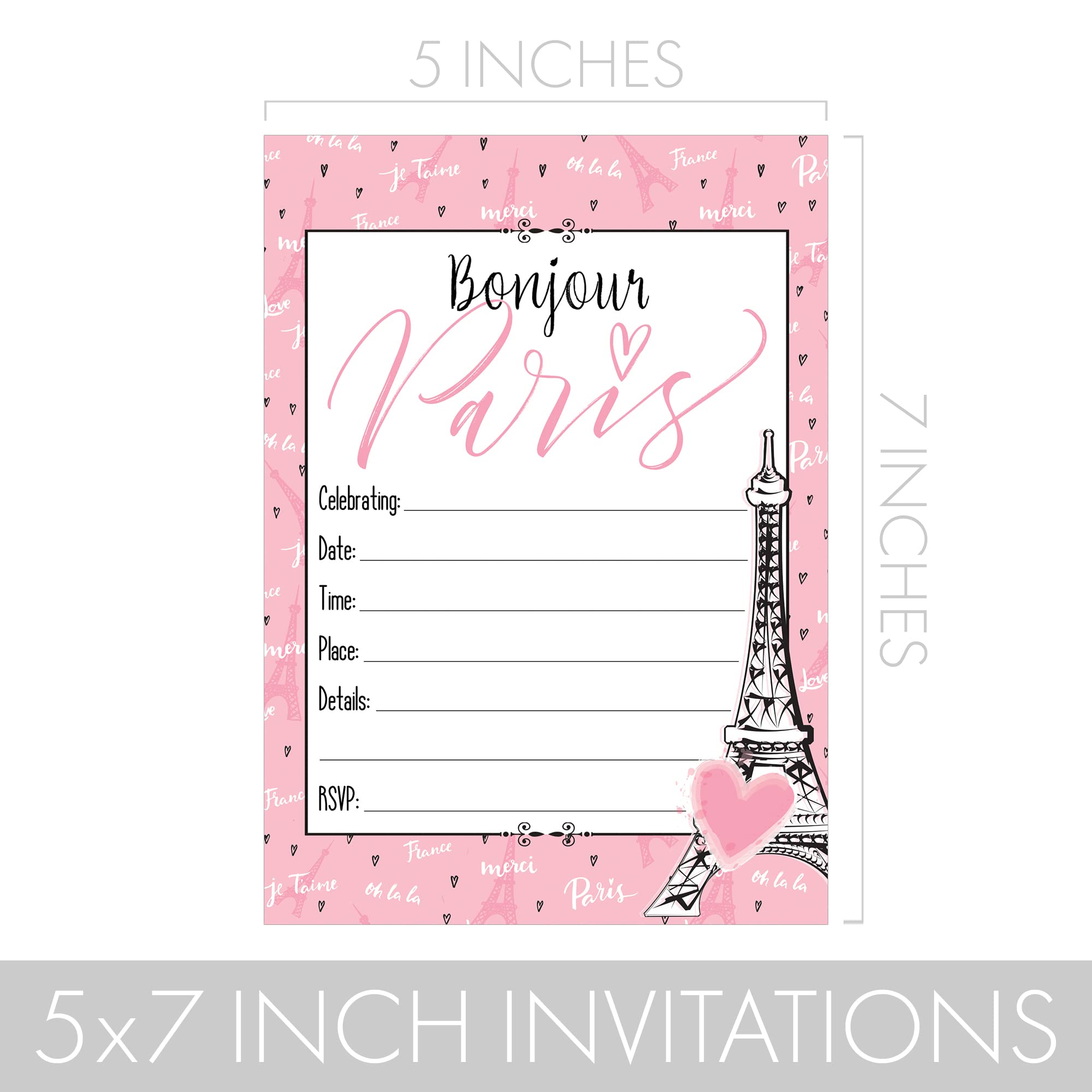 DISTINCTIVS Pink Paris Birthday Party Invitations - French Parisian Party Theme - 10 Cards with Envelopes