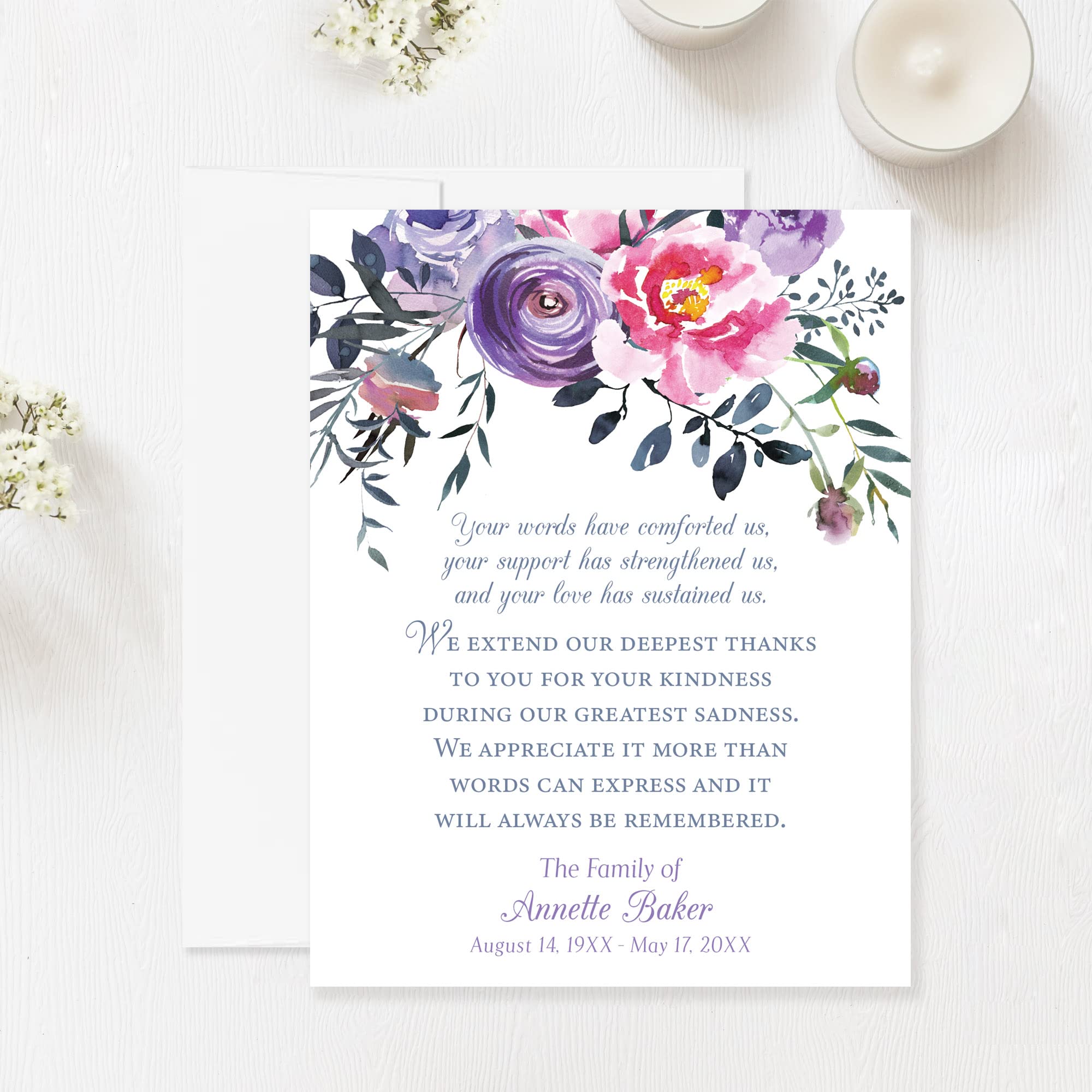 Hello Love Goods Pink and Purple Floral Funeral Thank You Cards, Sympathy Acknowledgement Cards, 4.25x5.5 Flat Bereavement Notecards with Envelopes