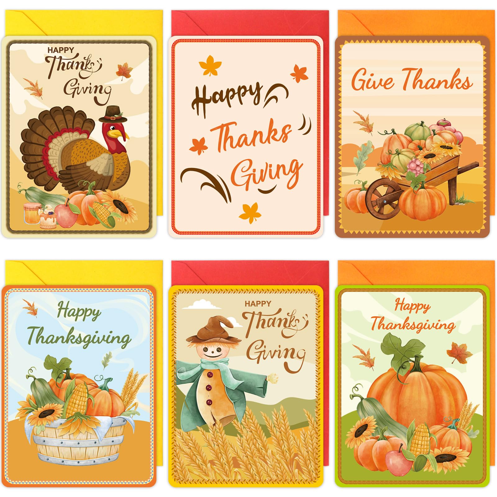 WorldBazaar Thanksgiving Greeting Cards with Envelopes 24PCS Watercolor Thanksgiving Day Pumpkin Turkey Cards Fall Autumn Thanksgiving Party Supplies